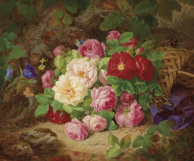 Rose Piece on Forest Floor with Butterflies, Basket and Blue Ribbon by Josef Lauer